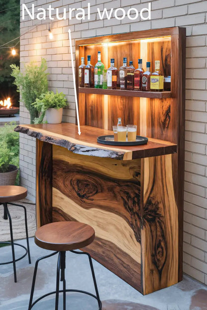 Rustic Live Edge Outdoor Bar Counter With Shelves For Patio Kitchnce