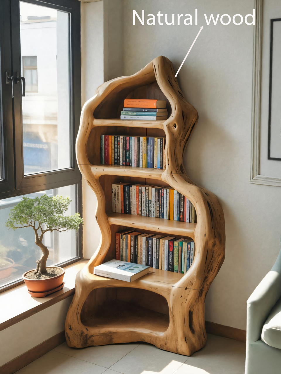 Organic Live Edge Bookshelf For Rustic Living Room Or Office Kitchnce