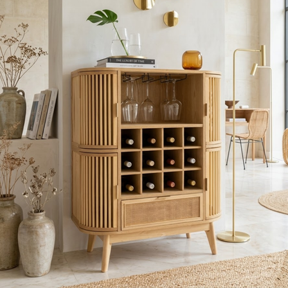 Contemporary Wooden Bar Cabinet, Fluted Entertaining Console with Glassware Storage