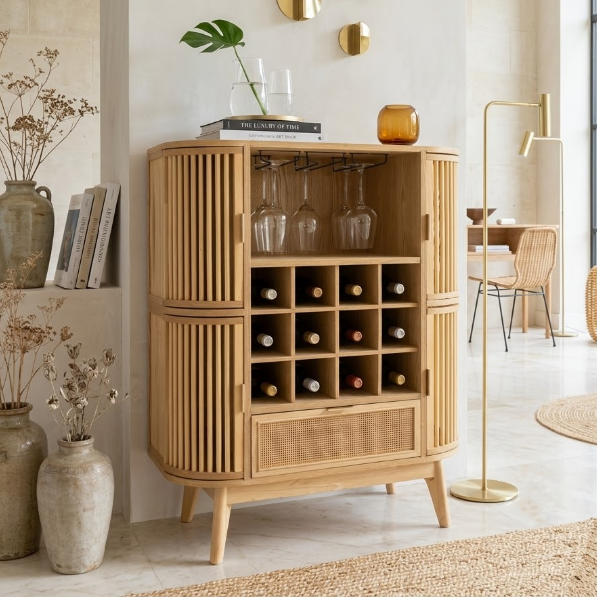 Contemporary Wooden Bar Cabinet, Fluted Entertaining Console with Glassware Storage