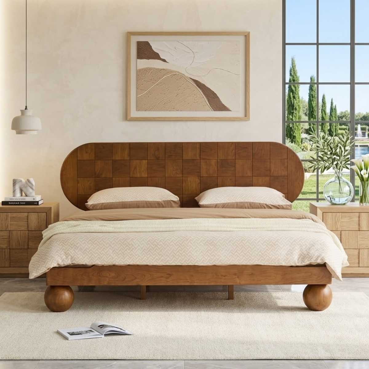 Mid Century Modern Bed Frame, Rounded Headboard Platform Bedroom Furniture