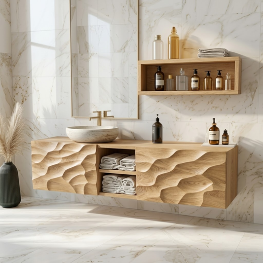 Modern Solid Wood Bathroom Vanity with Floating Storage and Sculpted Front Panels