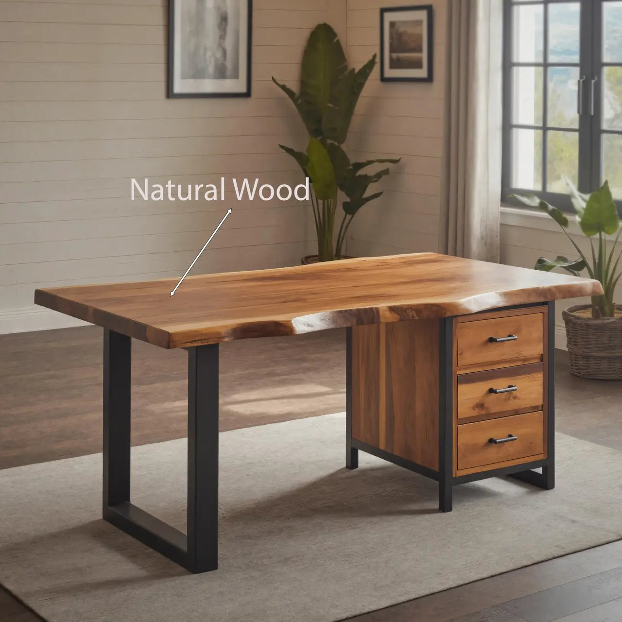 Modern Live Edge Office Desk With Drawer Storage For Workspace Kitchnce