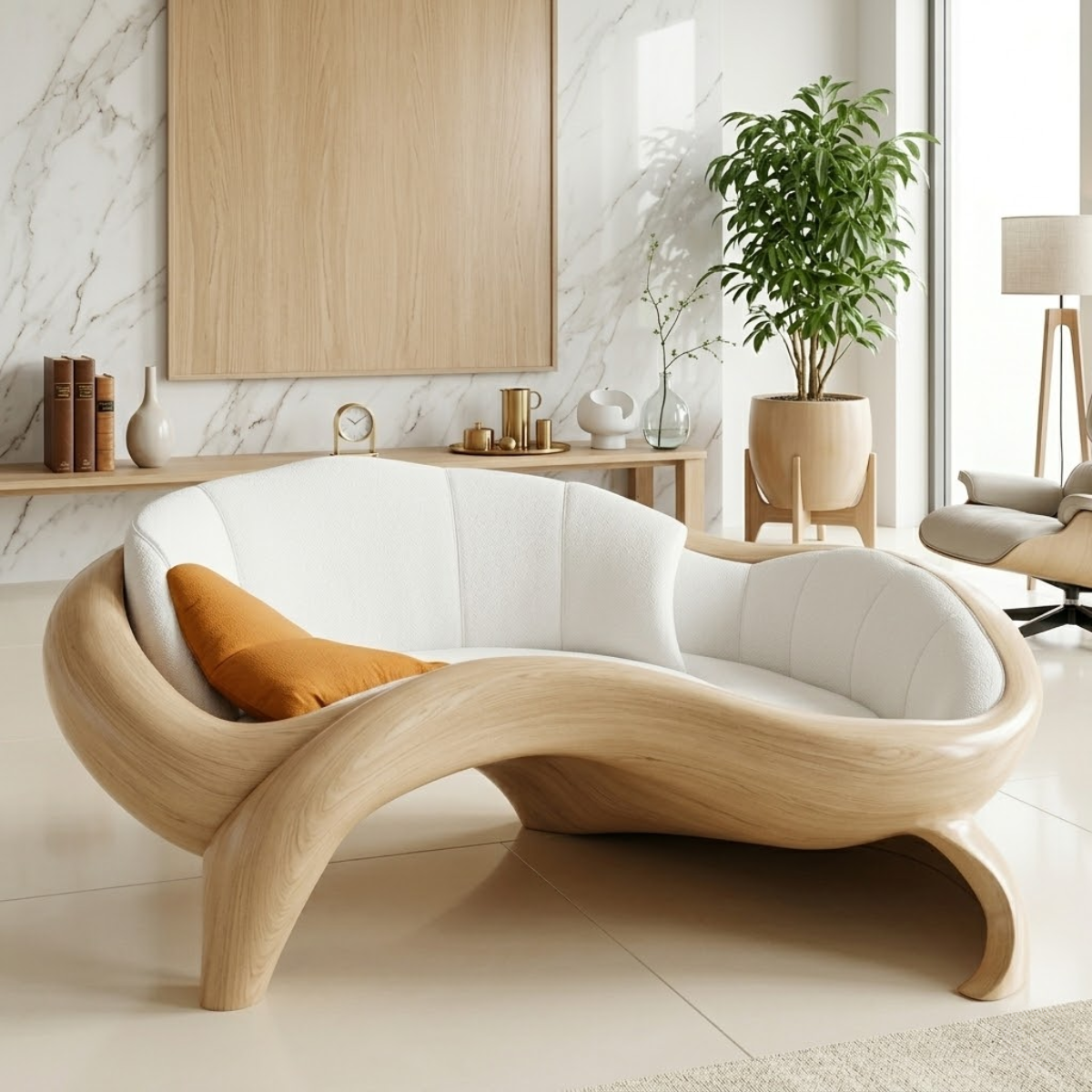 Organic Modern Wooden Lounge Chair, Sculptural Curved Sofa with Oversized Cushion