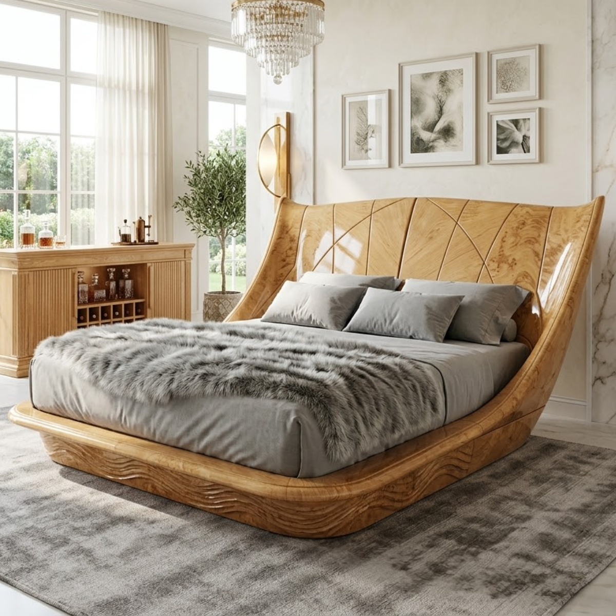 Luxury Curved Wingback Bed Frame, Modern Statement Platform Bedroom Furniture Design