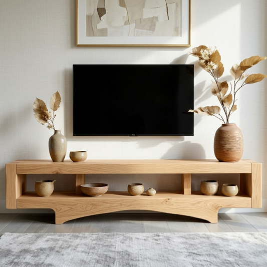 Solid Wood TV Stand with Open Shelf, Minimalist Low Profile Media Console