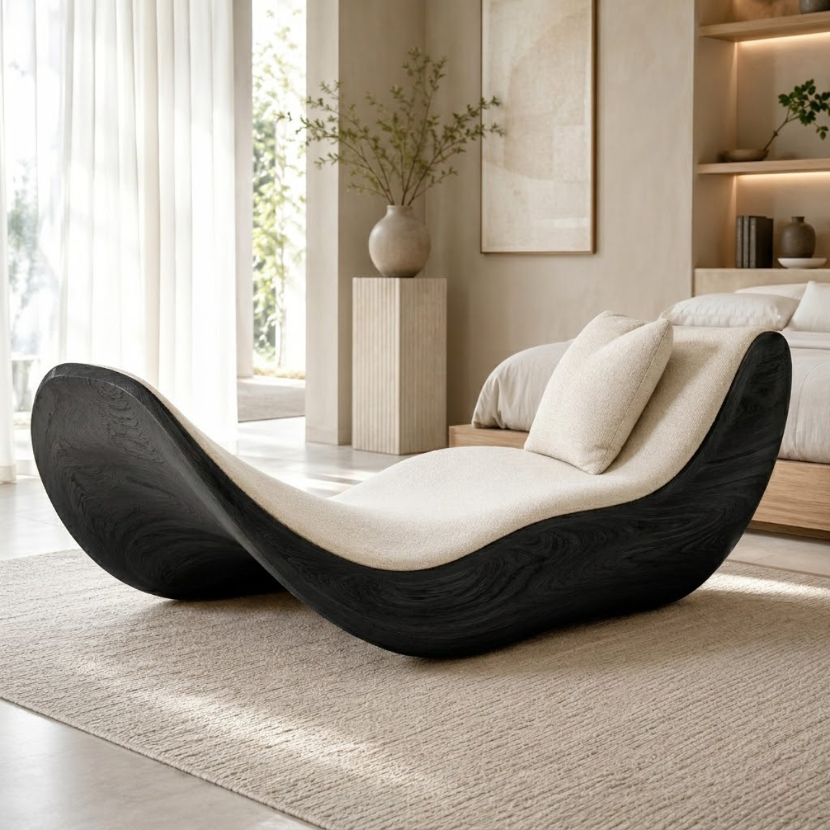 Sculptural Curved Chaise Lounge Modern Daybed with Cushion for Bedroom Decor
