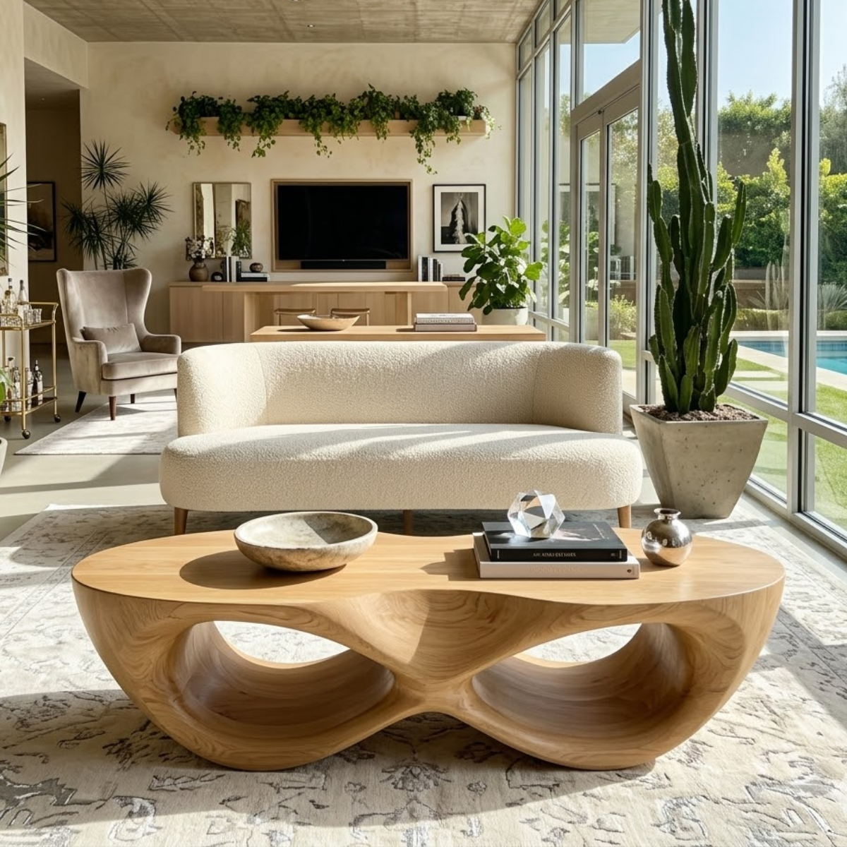 Modern Wooden Coffee Table with Elegant Curved Double Design