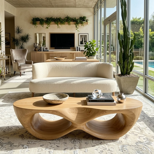Modern Wooden Coffee Table with Elegant Curved Double Design