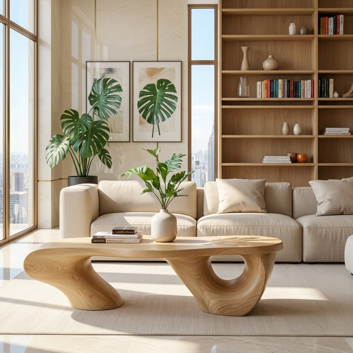Organic Sculptural Coffee Table with Artistic Base, Modern Minimalist Living Room Table