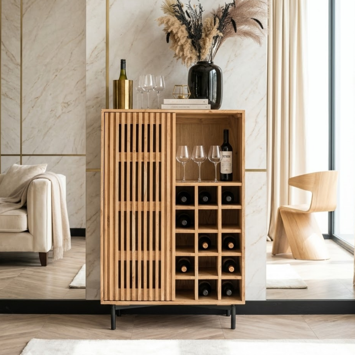 Premium Modern Fluted Wooden Bar Cabinet, Wine Storage Glassware Display Console