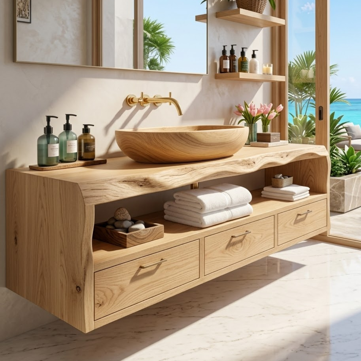 Modern Solid Wood Bathroom Vanity with Floating Drawers and Open Shelf Storage