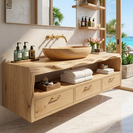 Modern Solid Wood Bathroom Vanity with Floating Drawers and Open Shelf Storage