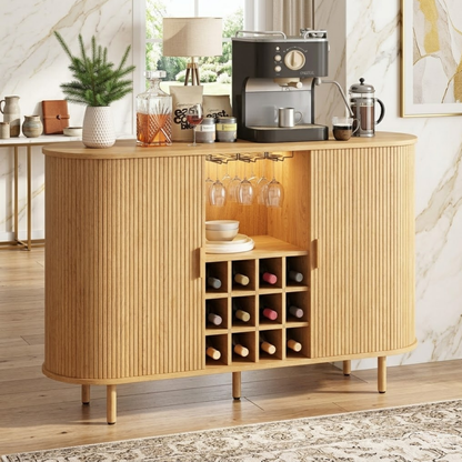Contemporary Fluted Wooden Bar Cabinet, Coffee Station Sideboard with Wine Storage