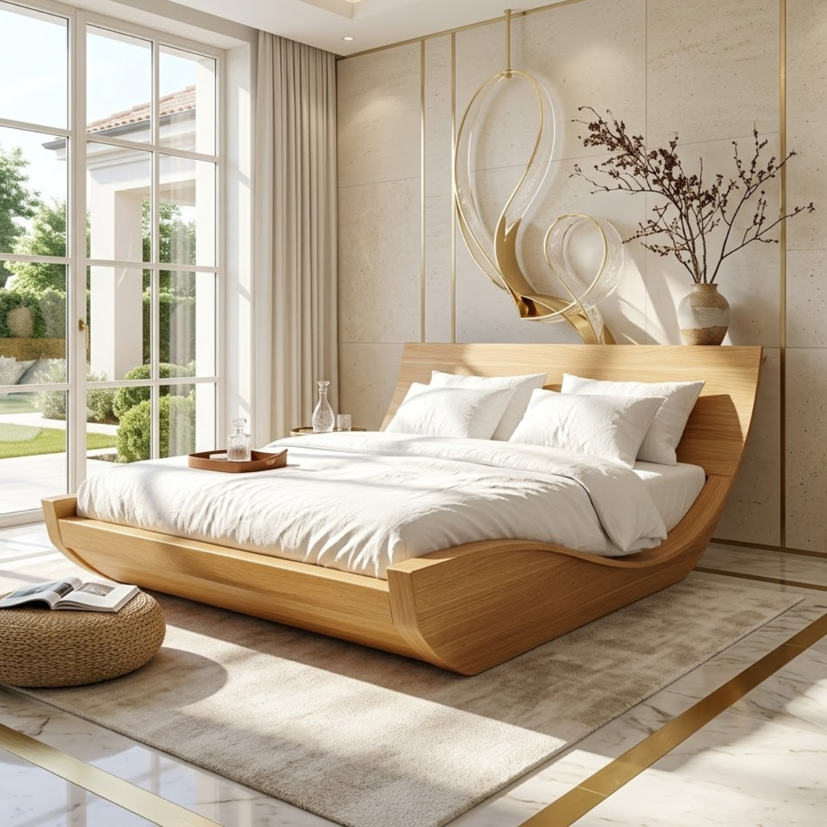 Modern Curved Platform Bed Frame, Luxury Minimalist Bedroom Furniture Design