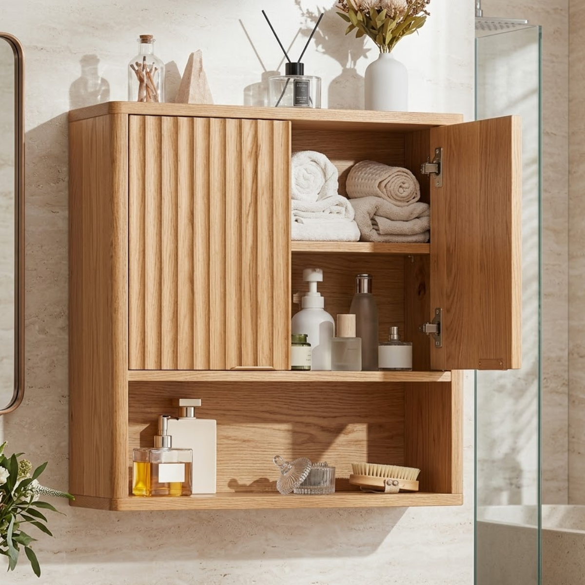 Floating Bathroom Cabinet, Modern Fluted Wall Mounted Vanity Storage Organizer Unit