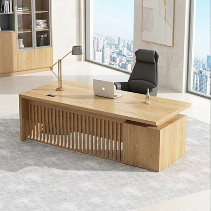 Modern Executive Desk with Slatted Panel Base, Minimalist Home Office Workstation Desk