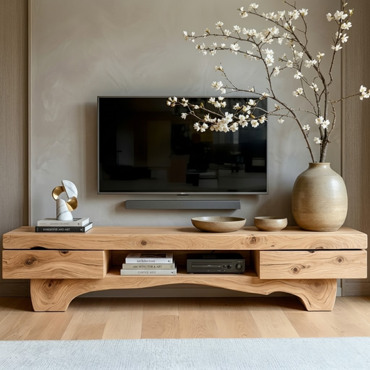 Solid Wood TV Stand with Drawers, Rustic-Modern Media Console Cabinet Centerpiece