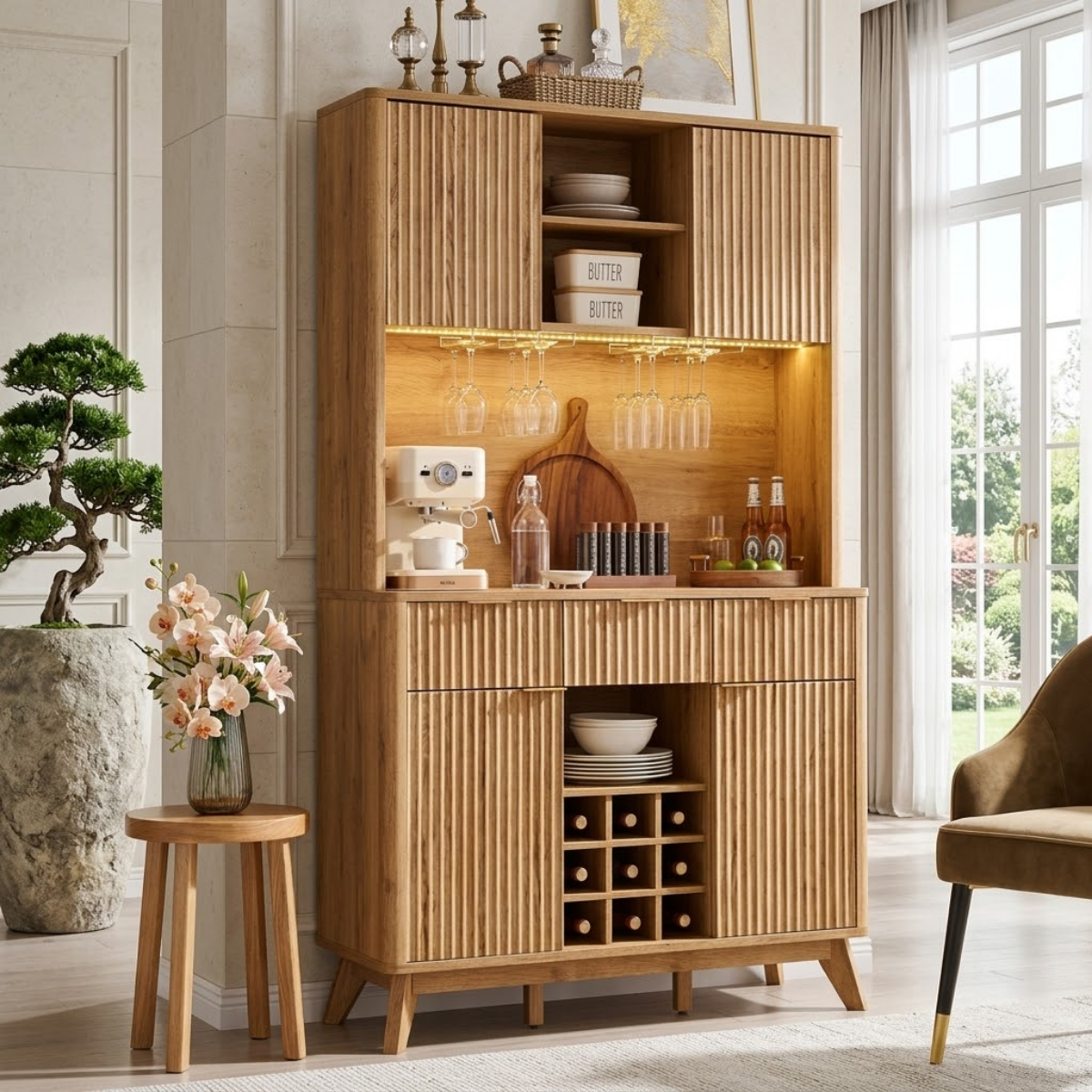 Tall Contemporary Fluted Wooden Bar Cabinet, Coffee-Station Hutch with Wine Storage