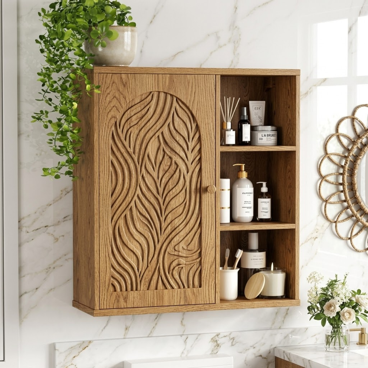 Floating Bathroom Cabinet, Modern Carved Wall Mounted Vanity Storage Organizer Unit