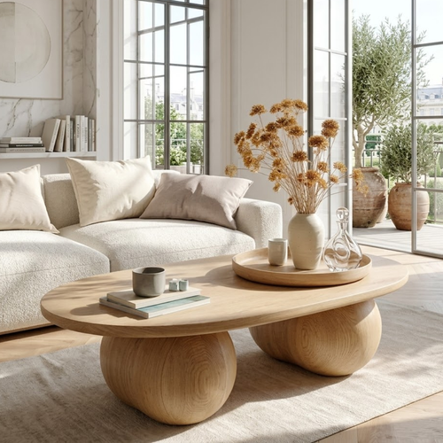Modern Wooden Coffee Table with Round Sculptural Base