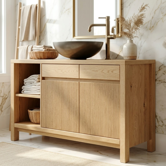Modern Solid Wood Bathroom Vanity with Fluted Doors and Open Shelf Storage