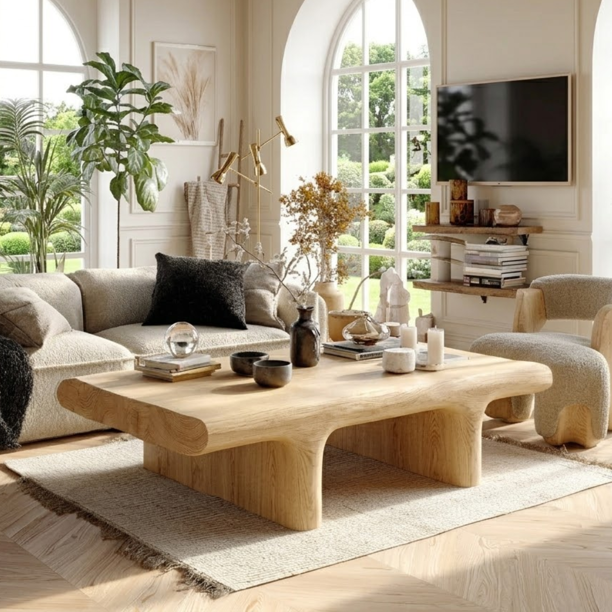 Unique Wooden Coffee Table with Sculptural Curved Design