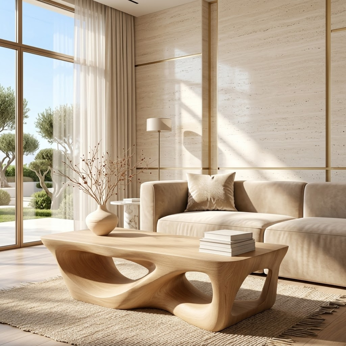 Organic Sculptural Coffee Table with Openwork Base, Modern Living Room Centerpiece