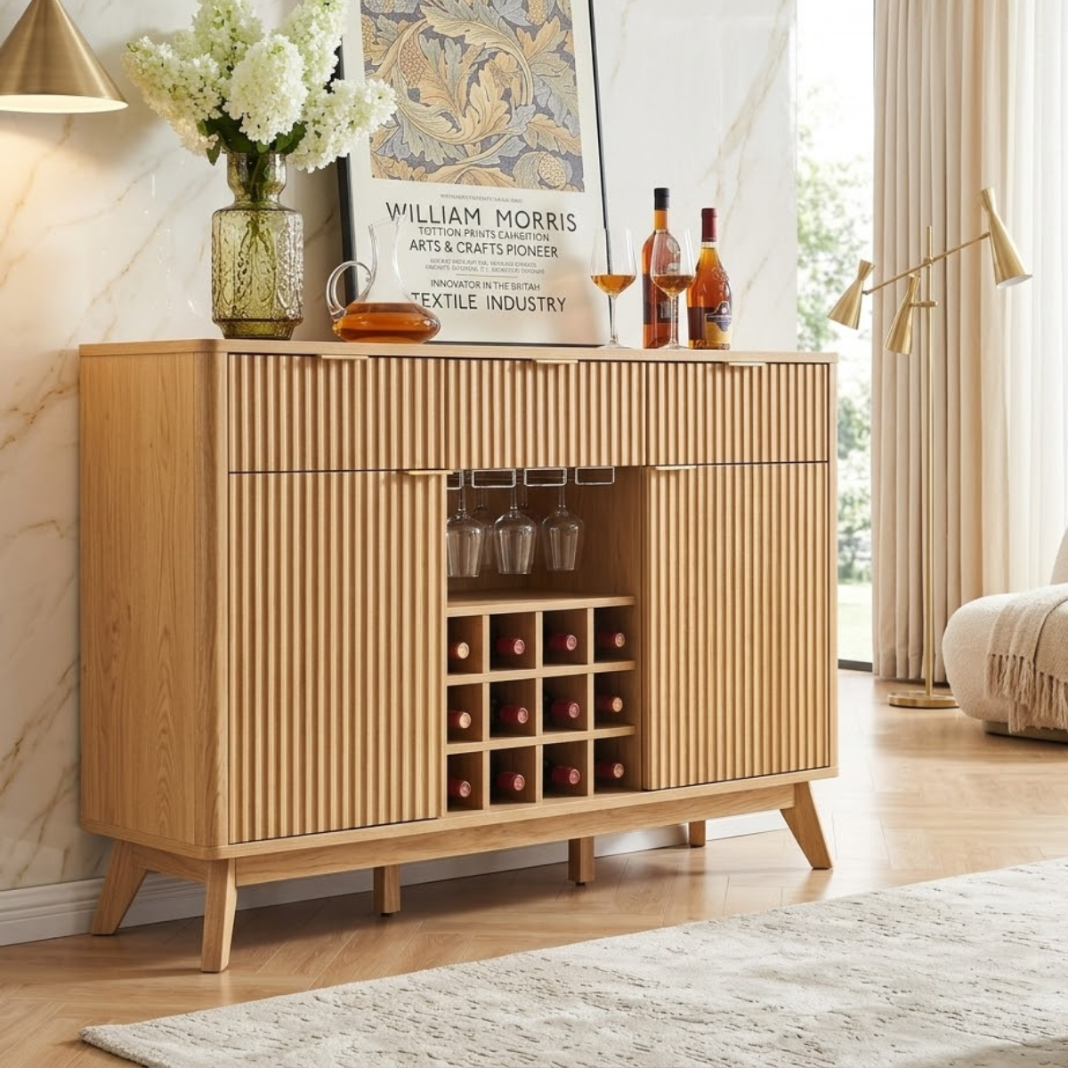 Contemporary Fluted Wooden Bar Cabinet, Wine Storage Sideboard with Glassware Rack