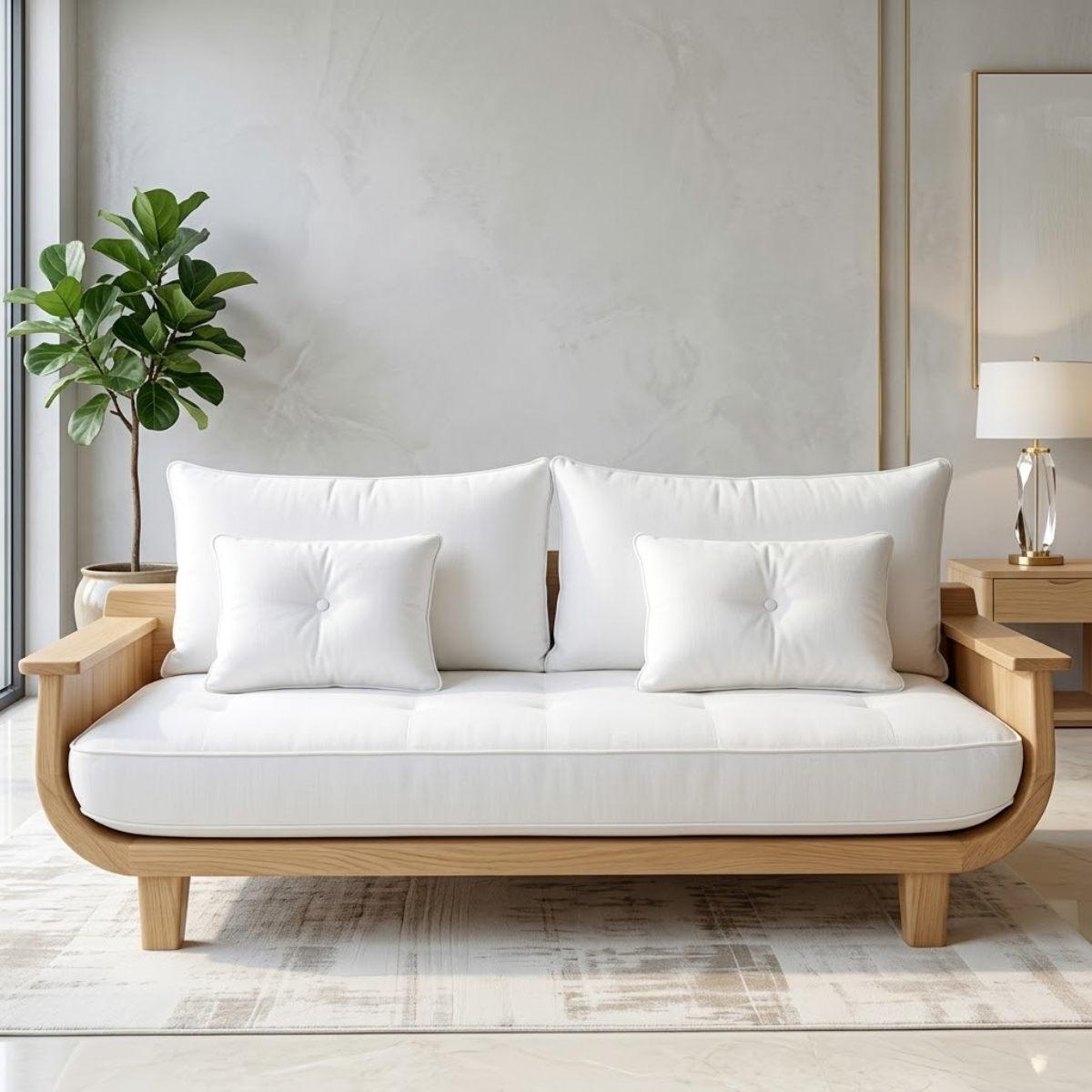 Modern Curved Solid Wood Sofa with White Tufted Cushions Mid Century Seating