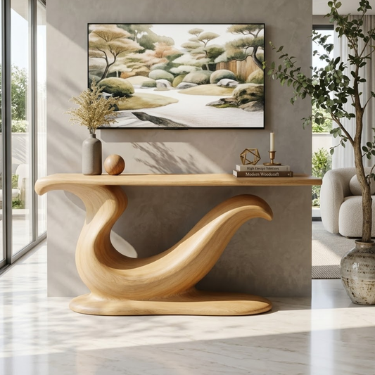 Solid Wood Console Table with Sculpted Curved Base, Modern Artistic Design