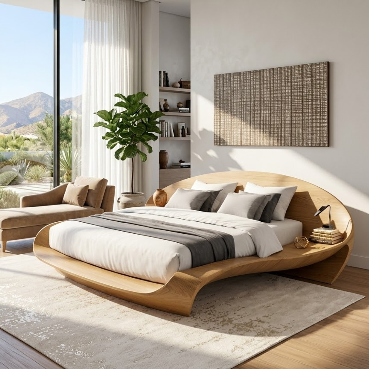 Modern Curved Platform Bed Frame, Sculptural Minimalist Bedroom Furniture