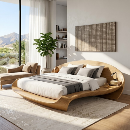 Modern Curved Platform Bed Frame, Sculptural Minimalist Bedroom Furniture