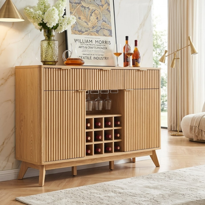 Contemporary Fluted Wooden Bar Cabinet, Wine Storage Sideboard with Glassware Rack