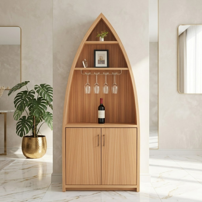 Modern Boat Shaped Bar Cabinet with Glass Rack and Concealed Storage