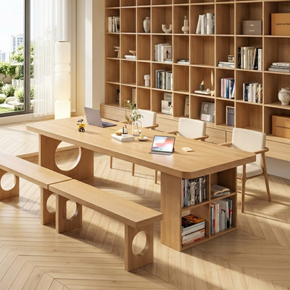 Stylish Work Desk with Open Shelves and Round Accent for Home or Office