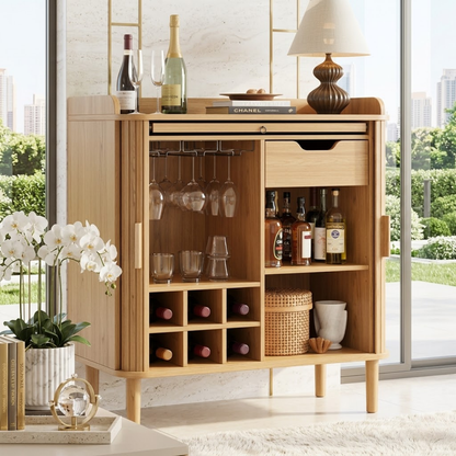 Elegant Modern Wooden Bar Cabinet, Fluted Home-Bar Console with Wineglass Storage