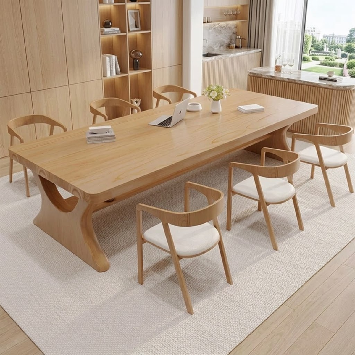 Modern Executive Work Desk with Sculptural Pedestal Base, Large Minimalist Office Table