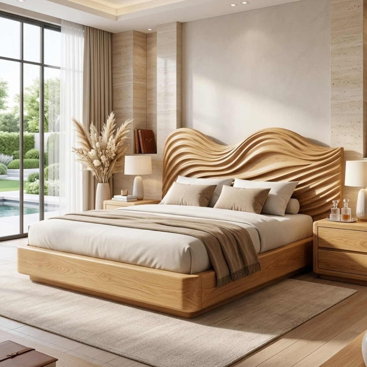Modern Wave Headboard Bed Frame, Luxury Platform Bedroom Furniture Design
