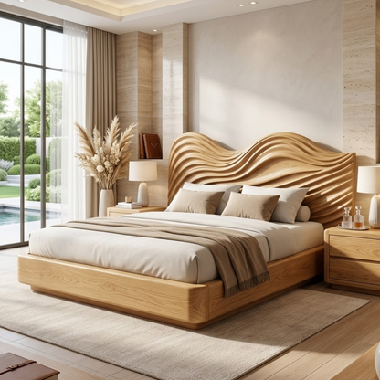 Modern Wave Headboard Bed Frame, Luxury Platform Bedroom Furniture Design