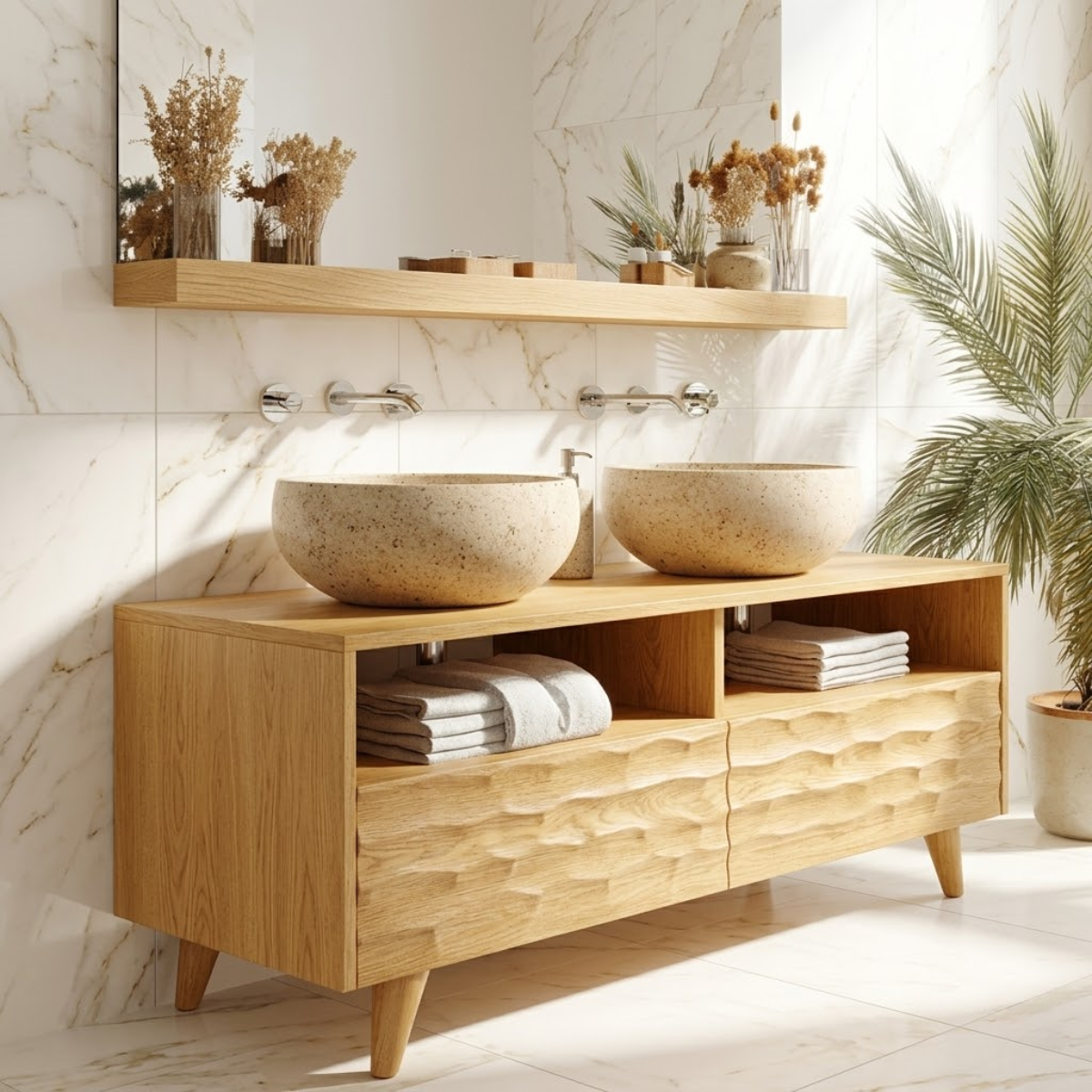Modern Solid Wood Double Bathroom Vanity with Open Storage and Textured Drawers