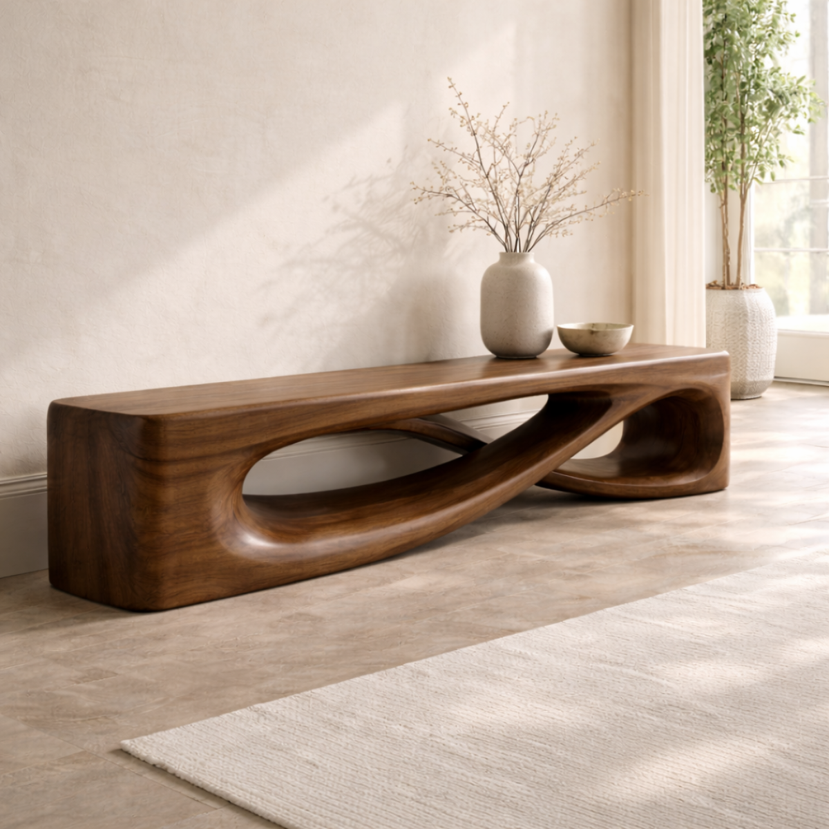 Modern Sculptural Entryway Bench Curved Hallway Seat Organic Statement Furniture