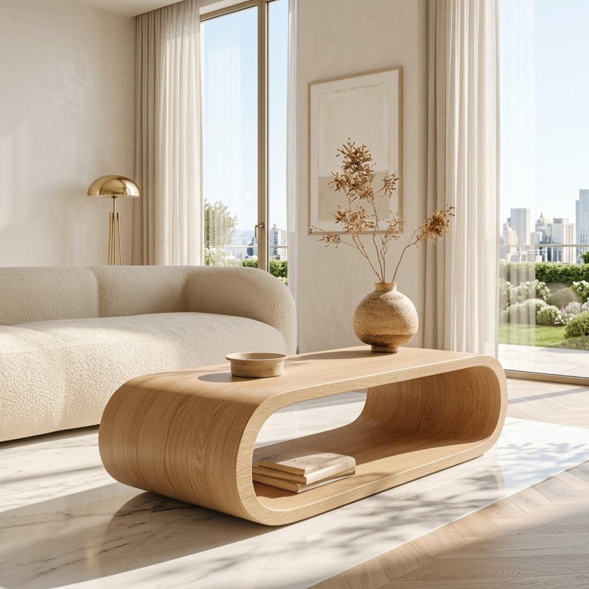 Modern Curved Coffee Table with Open Shelf for Contemporary Minimalist Interiors