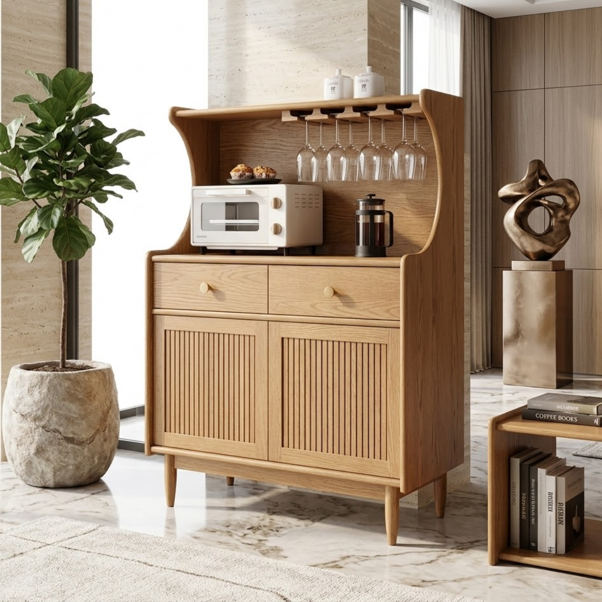 Contemporary Fluted Wooden Coffee-Bar Cabinet, Glassware Storage Entertaining Hutch