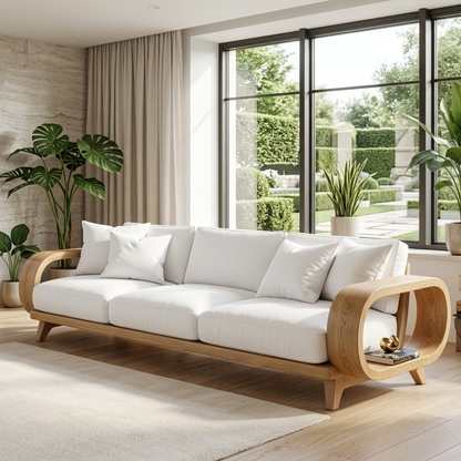 Modern Sculptural Solid Wood Sofa with White Cushions Organic Curved Designer Couch
