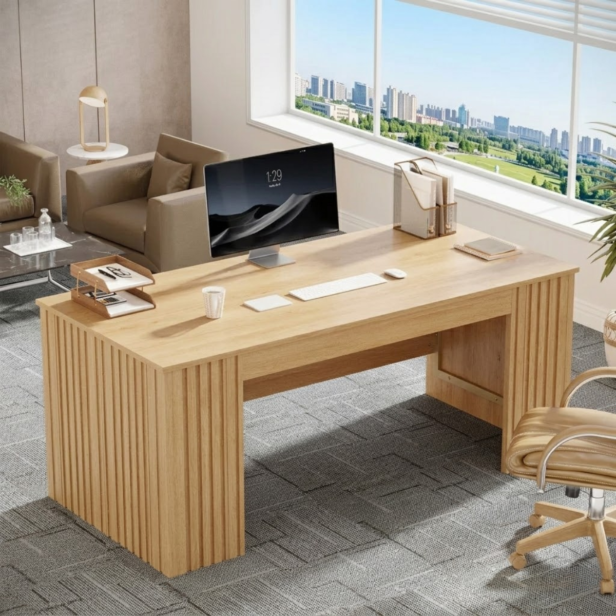 Modern Fluted Executive Desk, Large Minimalist Home Office Workstation Writing Table