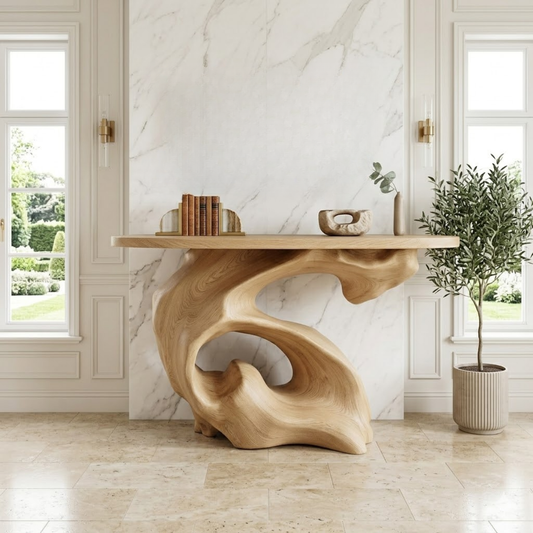 Solid Wood Console Table with Sculpted Organic Base, Artistic Modern Design