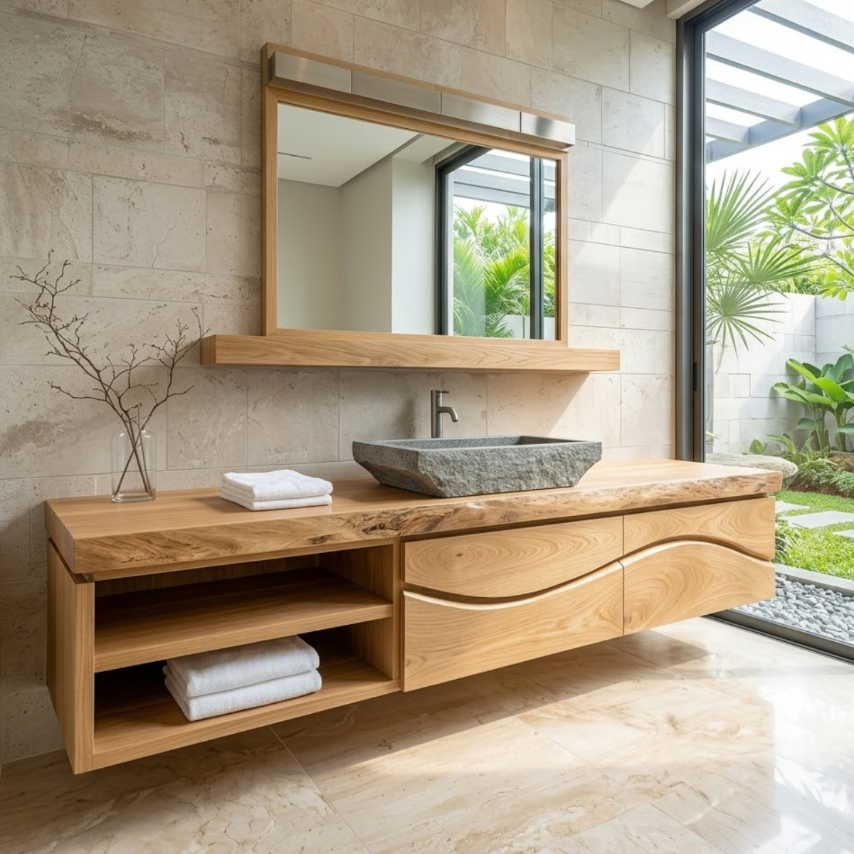Handcrafted Solid-Wood Floating Bathroom Vanity with Stone Vessel Sink and Mirror