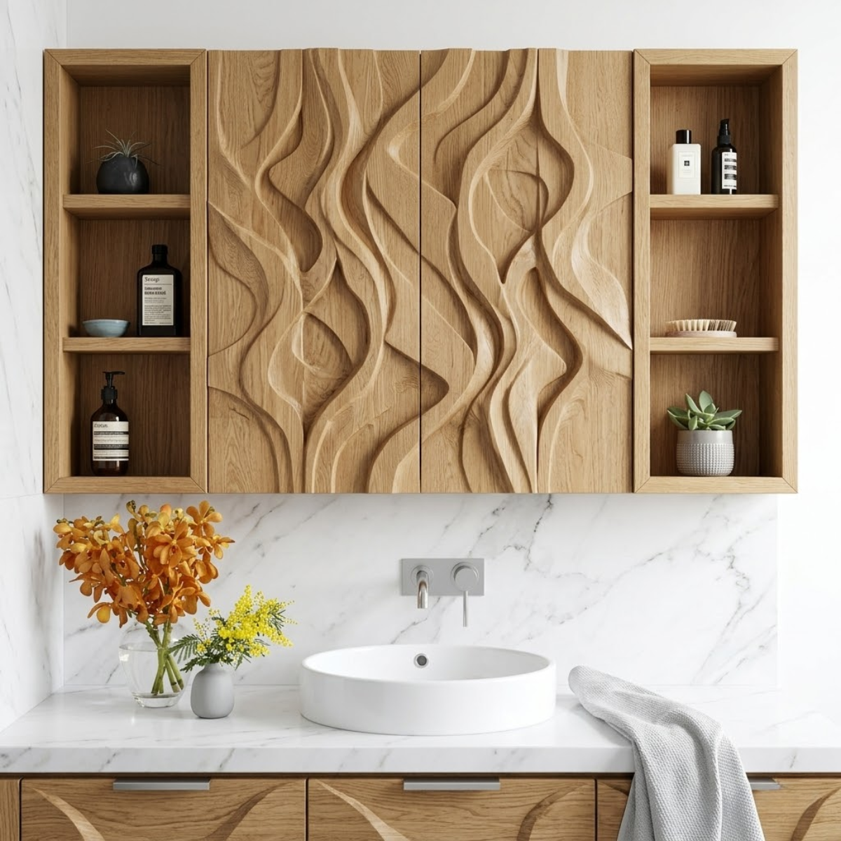 Floating Bathroom Cabinet, Carved Wall Mounted Vanity Organizer With Side Shelves