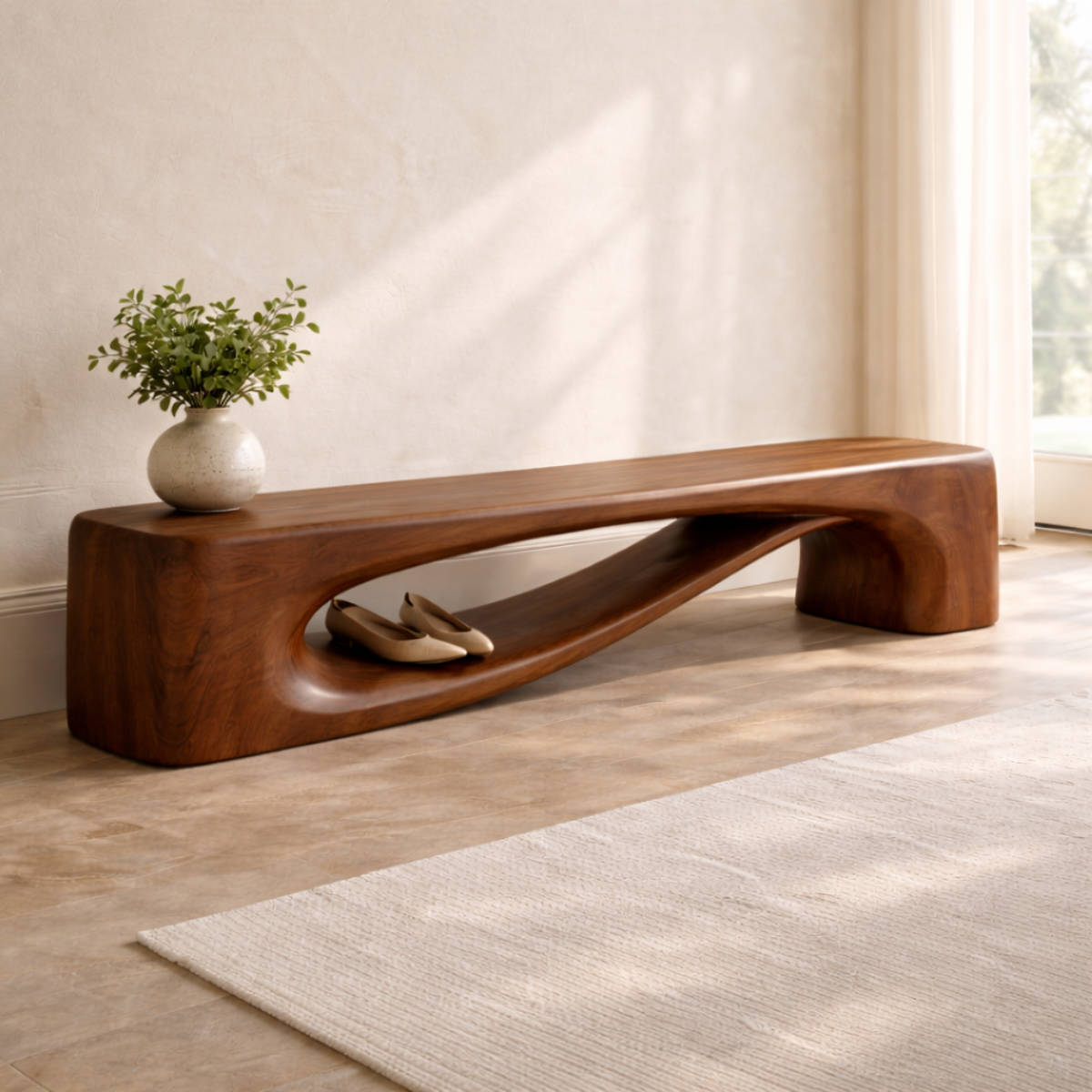 Modern Entryway Bench with Shelf Sculptural Hallway Seat Organic Statement Furniture